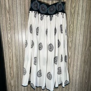 B&W Blue Beaded Sequin Embellished Paisley Print Boho Maxi Skirt